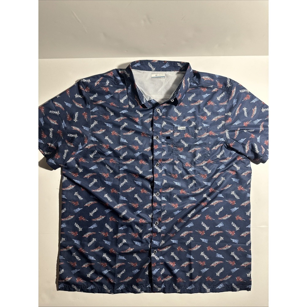 Columbia PFG Omni-Shade Shirt Mens XL Blue Performance Fishing All Over Print